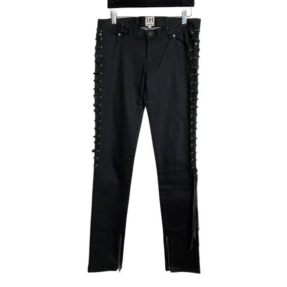 Haute Hippie Lace-Up Stretch Denim Pants Black Size 29 Ankle Zip HHHO10-4102 - Picture 1 of 8